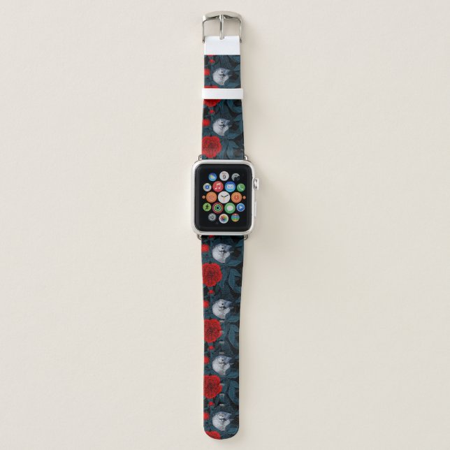 Birds and red peony flowers with blue leaves apple watch band (Front)