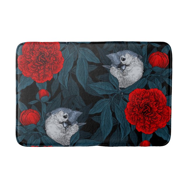 Birds and red peony flowers with blue leaves bath mat (Front)
