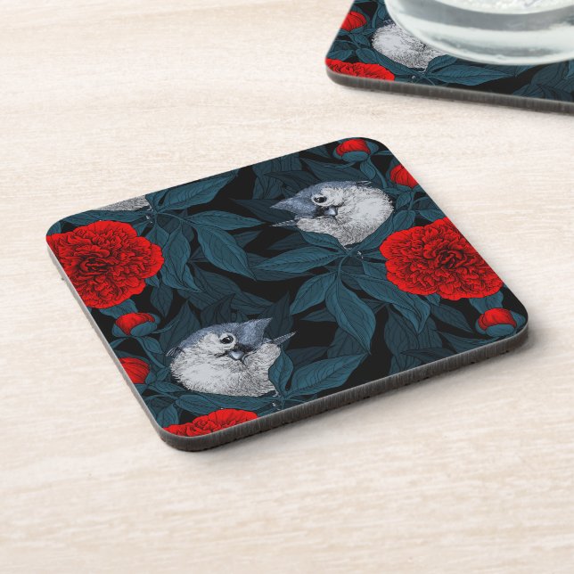Birds and red peony flowers with blue leaves beverage coaster (Left Side)