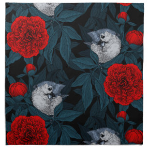 Birds and red peony flowers with blue leaves cloth napkin