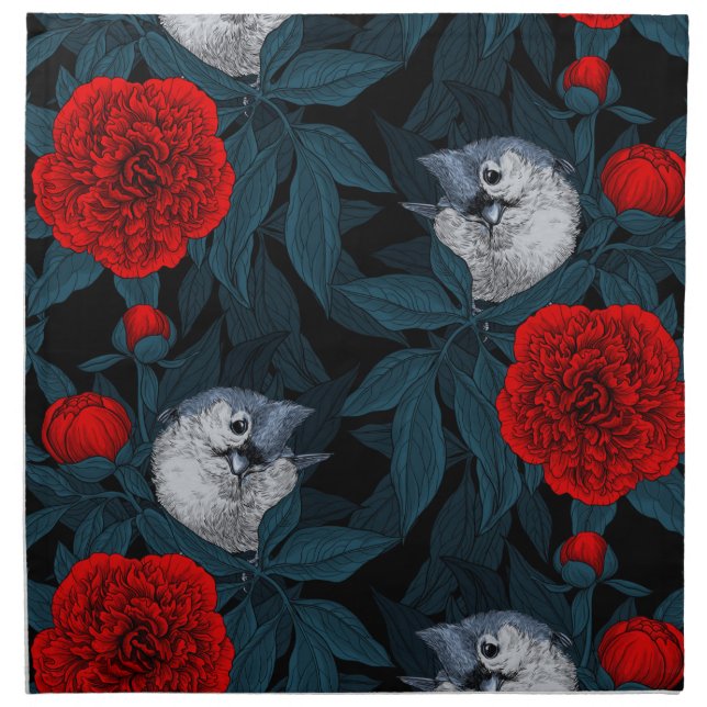 Birds and red peony flowers with blue leaves cloth napkin (Front)