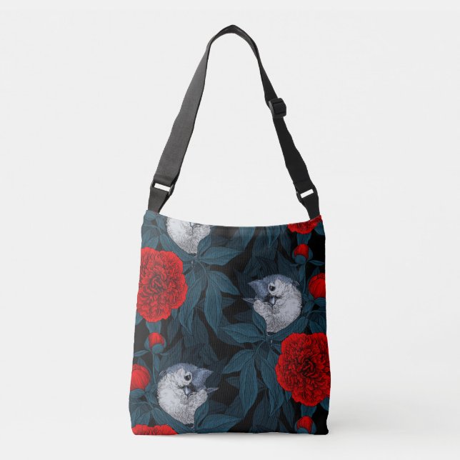 Birds and red peony flowers with blue leaves crossbody bag (Front)