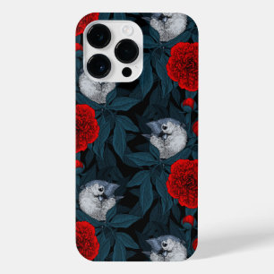 Birds and red peony flowers with blue leaves iPhone 14 pro max case