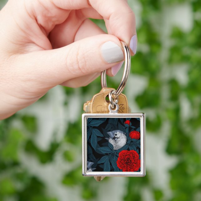 Birds and red peony flowers with blue leaves keychain (Hand)