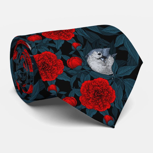 Birds and red peony flowers with blue leaves neck tie (Rolled)