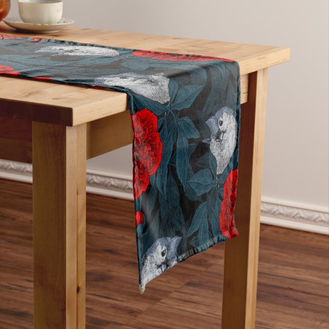 Birds and red peony flowers with blue leaves short table runner (In Situ)