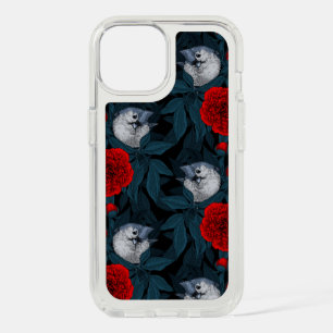 Birds and red peony flowers with blue leaves iPhone 15 case