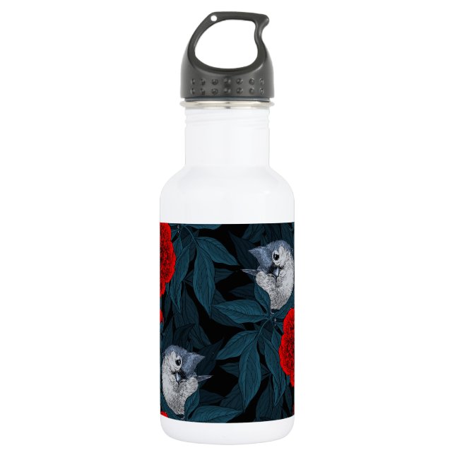 Birds and red peony flowers with blue leaves stainless steel water bottle (Front)