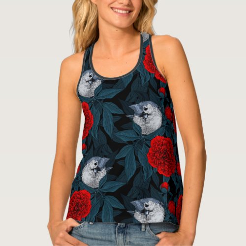 Birds and red peony flowers with blue leaves tank top