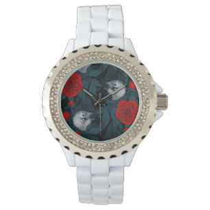 Birds and red peony flowers with blue leaves watch