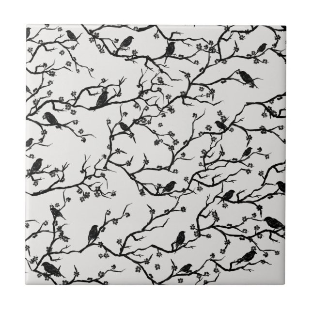 Birds and Sakura Branches Japanese Painting Ceramic Tile (Front)