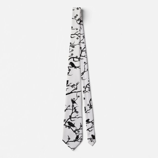 Birds and Sakura Branches Japanese Painting Neck Tie (Front)