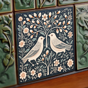 Birds and Tree of Life Blue Orange Art Nouveau Ceramic Tile