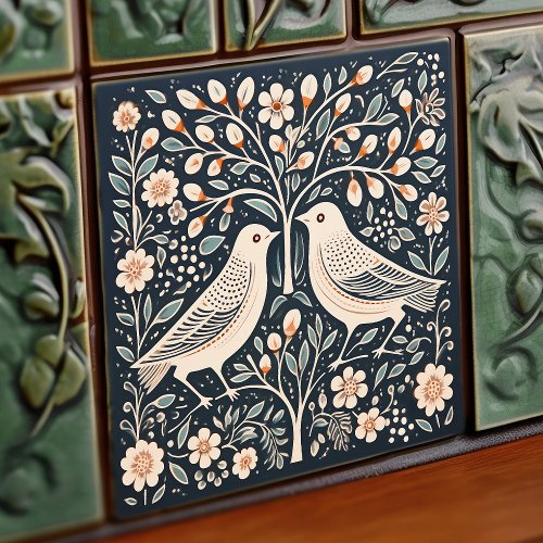 Birds and Tree of Life Blue Orange Art Nouveau Ceramic Tile