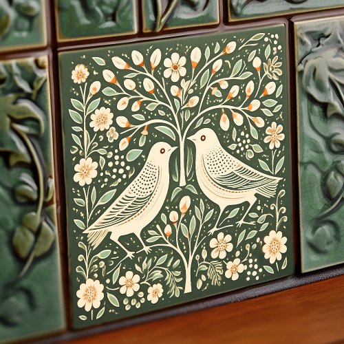 Birds and Tree of Life Green Art Nouveau Ceramic Tile