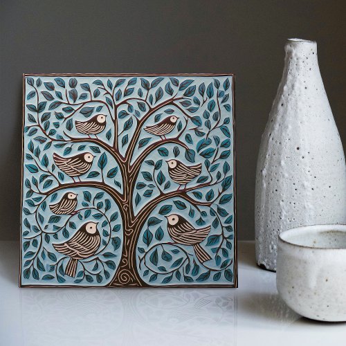 Birds and Tree of Life Muted Blue Art Nouveau Ceramic Tile