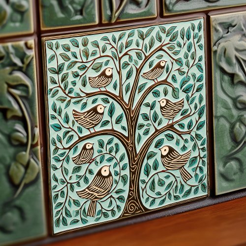 Birds and Tree of Life Sage Green Art Nouveau Ceramic Tile