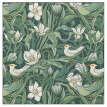 Birds and Tulips Green Art Nouveau Fabric