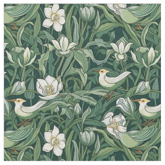 Birds and Tulips Green Art Nouveau Fabric