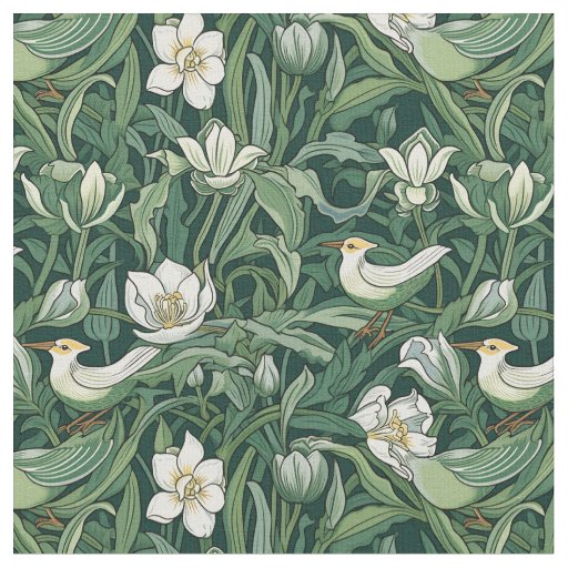 Birds and Tulips Green Art Nouveau Fabric