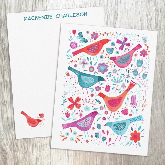 Birds and Wildflowers Watercolor Personalized Note Card (Birds and wildflowers watercolor art personalized custom name or text notecards)