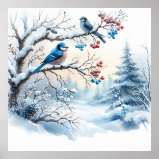 Birds and Winter Landscape 34 Poster