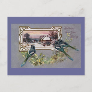 Birds and Winter Scene Vintage New Year Holiday Postcard