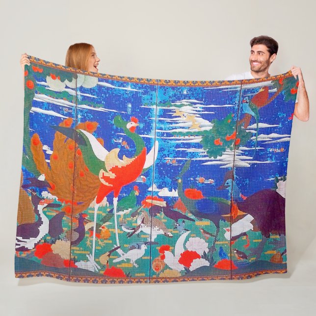 Birds, Animals, and Flowering Plants(Left) Jakuchū Fleece Blanket (In Situ)
