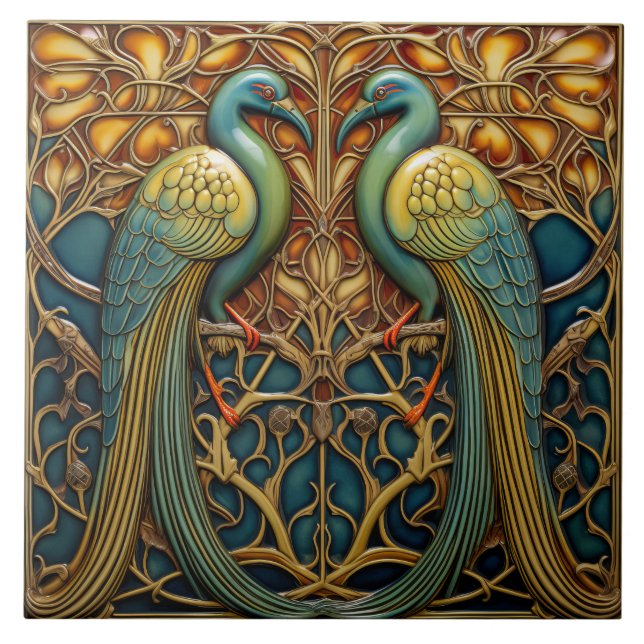 Birds Antique Art Nouveau Inspired Nature Decor Ceramic Tile (Front)