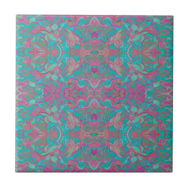 Birds Arabesque Bohemian Boho Turquoise Pattern Ceramic Tile (Front)