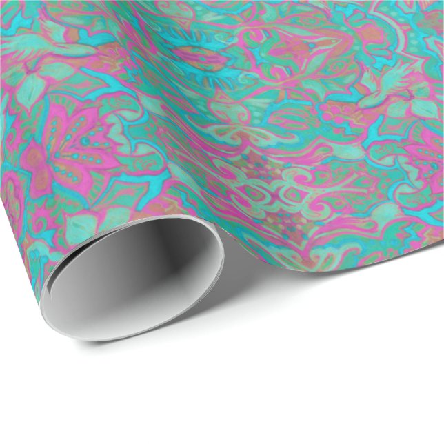 Birds Arabesque Bohemian Boho Turquoise Pattern Wrapping Paper (Roll Corner)