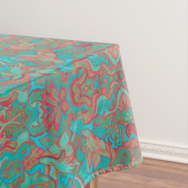 Birds Arabesque Bohemian Boho Turquoise Red Green Tablecloth (In Situ)
