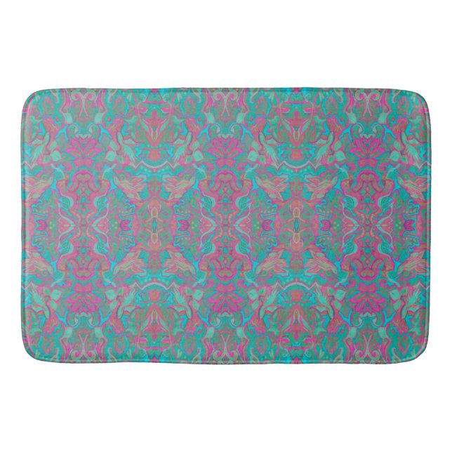 Birds Arabesque Bohemian Pattern Turquoise Pink Bath Mat (Front)