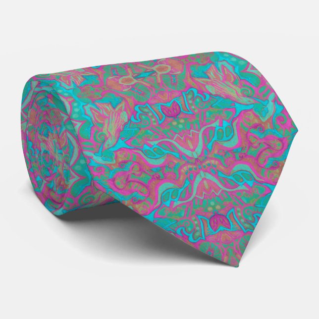 Birds Arabesque Bohemian Pattern Turquoise Pink Neck Tie (Rolled)