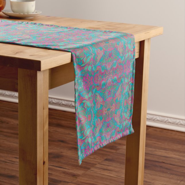Birds Arabesque Bohemian Pattern Turquoise Pink Short Table Runner (In Situ)
