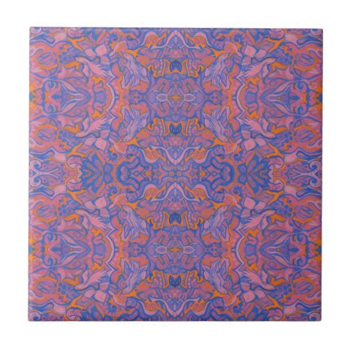 Birds Arabesque Bohemian Pink Blue Orange Pattern Ceramic Tile