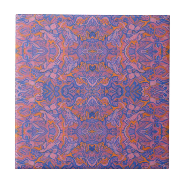 Birds Arabesque Bohemian Pink Blue Orange Pattern Ceramic Tile (Front)