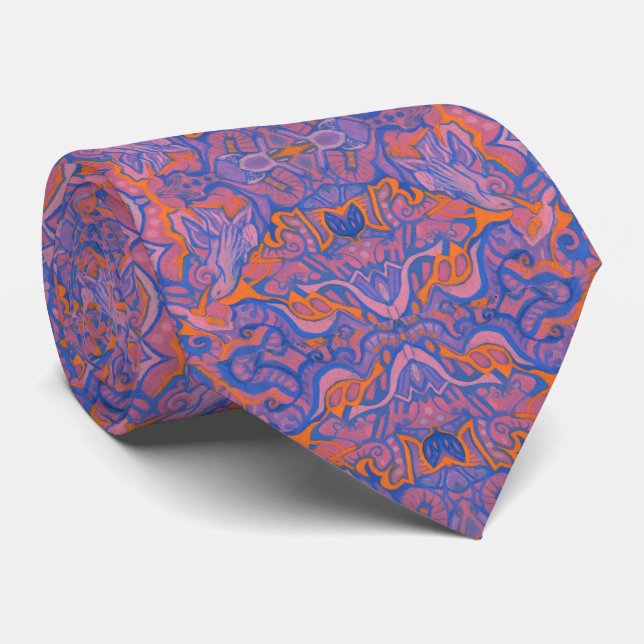 Birds Arabesque Bohemian Pink Blue Orange Pattern  Neck Tie (Rolled)