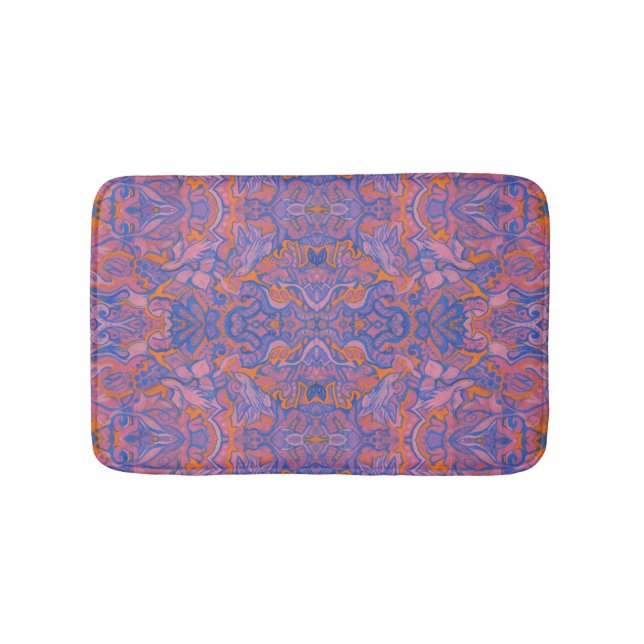 Birds Arabesque Oriental Bohemian Boho Blue Orange Bath Mat (Front)