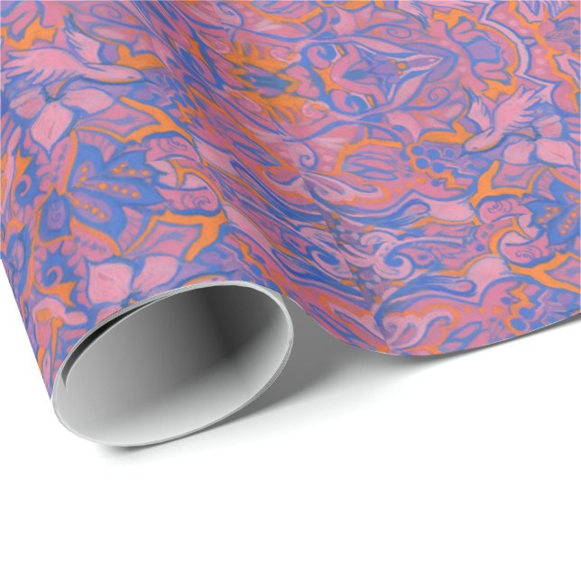 Birds Arabesque Oriental Bohemian Boho Blue Orange Wrapping Paper (Roll Corner)