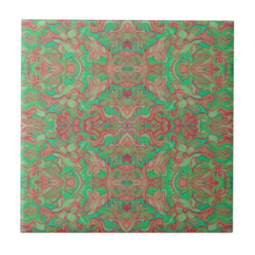 Birds Arabesque Oriental Bohemian Boho Red Green Ceramic Tile