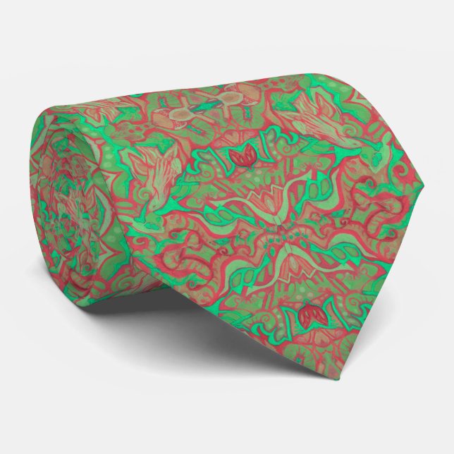 Birds Arabesque Oriental Bohemian Boho Red Green Neck Tie (Rolled)