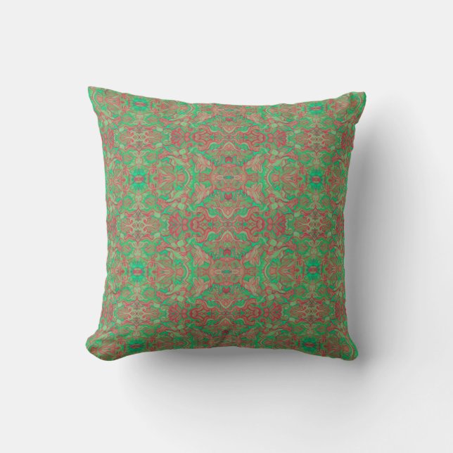 Birds Arabesque Oriental Bohemian Boho Red Green Throw Pillow (Front)