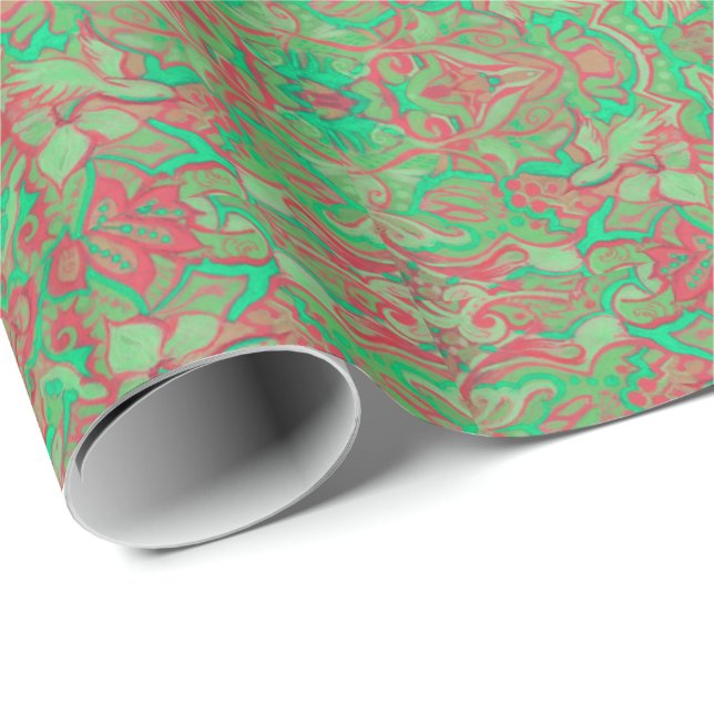 Birds Arabesque Oriental Bohemian Boho Red Green Wrapping Paper (Roll Corner)