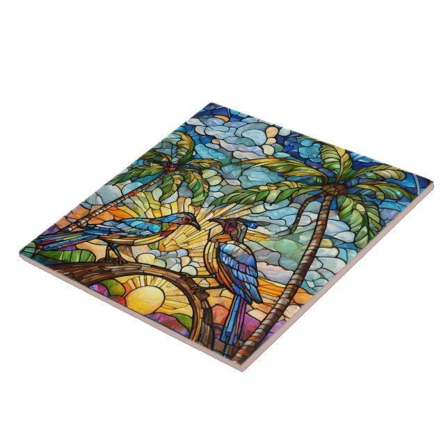 Birds at Sunrise Stained glass art Ceramic Tile (Side)