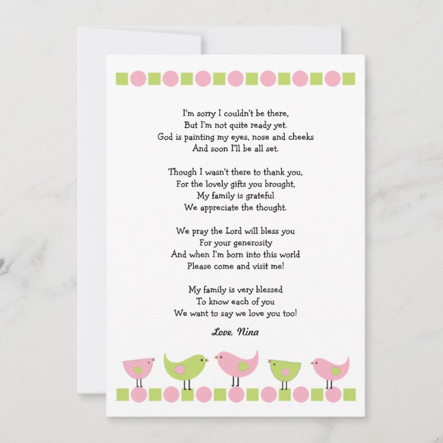 Birds baby shower thank you notes / pink green invitation (Front)