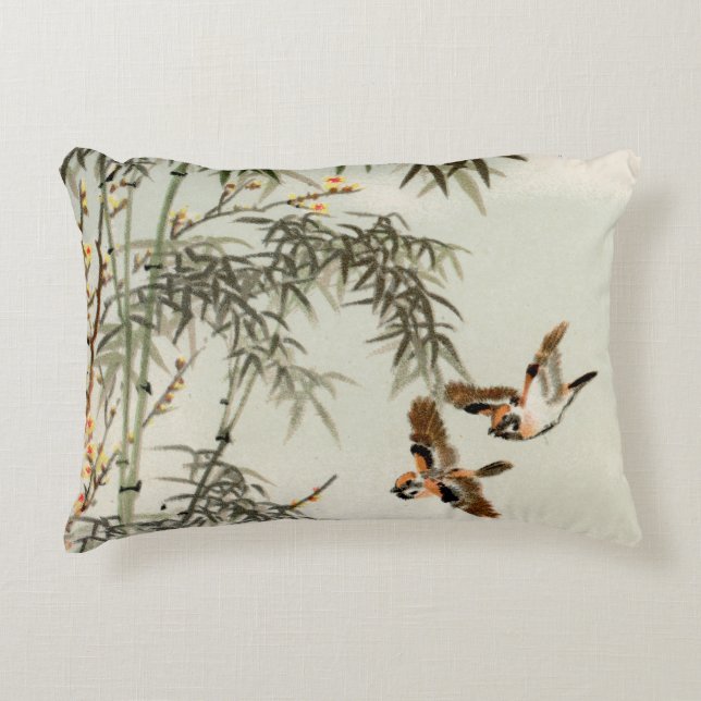 Birds Bamboo Asian Japanese Vintage Accent Pillow (Front)