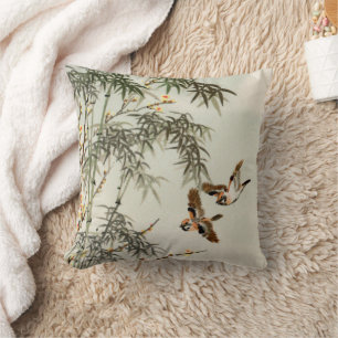 Birds Bamboo Asian Japanese Vintage Throw Pillow