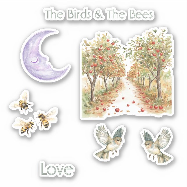 Birds Bees Apple Trees Love Moon Sticker (Front)