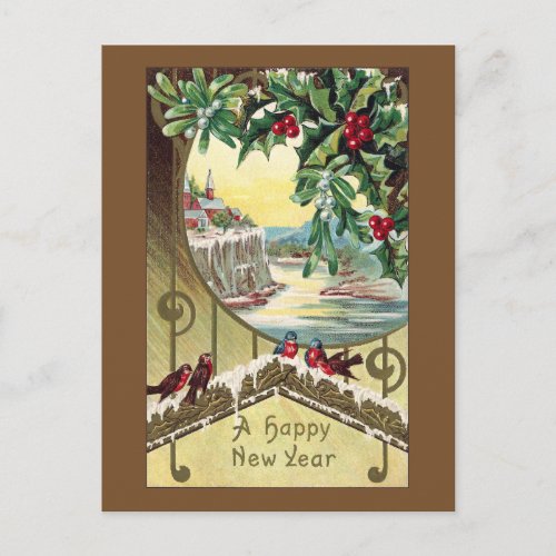 Birds Beneath Holly and Mistletoe Vintage New Year Holiday Postcard